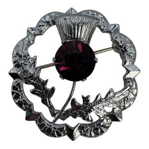 Vintage Mizpah Scottish Thistle‎ Brooch – Silver-Tone with Purple Stone 1.25”